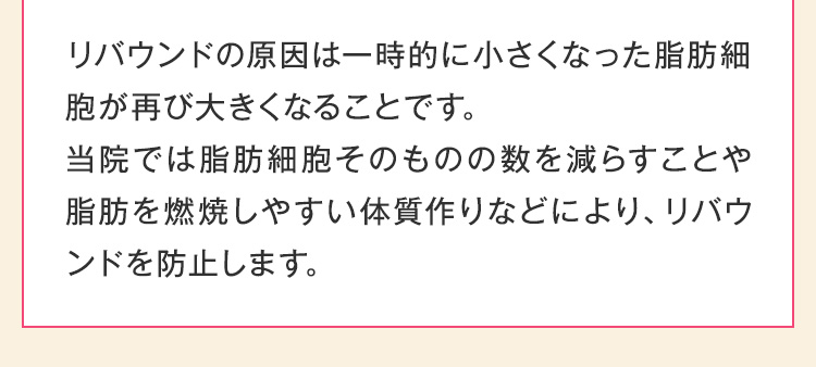 リバウンドの原因は一時的に小さくなった脂肪細胞が再び大きくなることです。