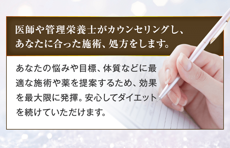 医師や管理栄養士がカウンセリングし、あなたに合った施術、処方をします