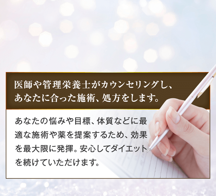 医師や管理栄養士がカウンセリングし、あなたに合った施術、処方をします