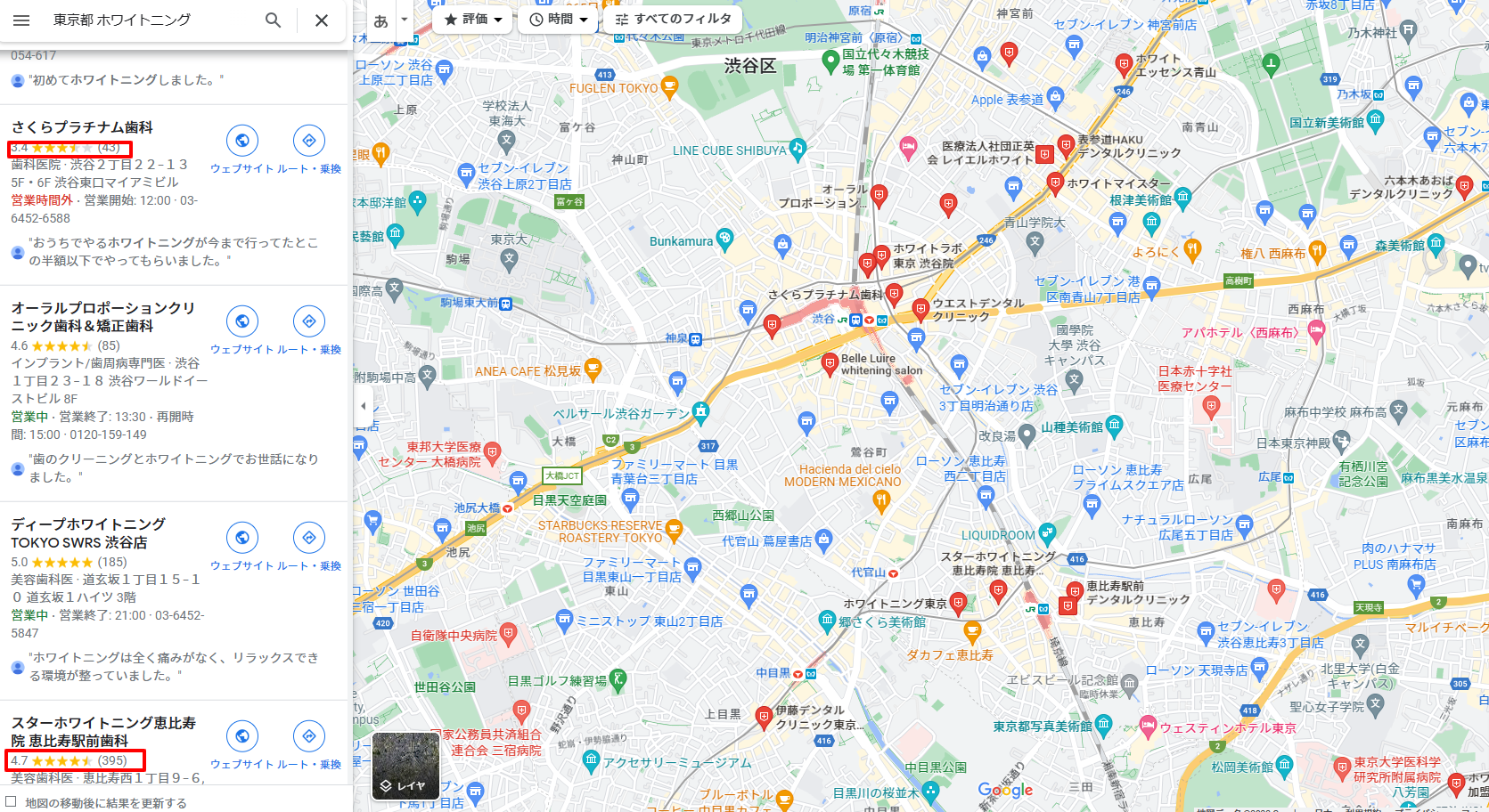 東京エリアのホワイトニング歯科医院のGoogleマップ口コミ