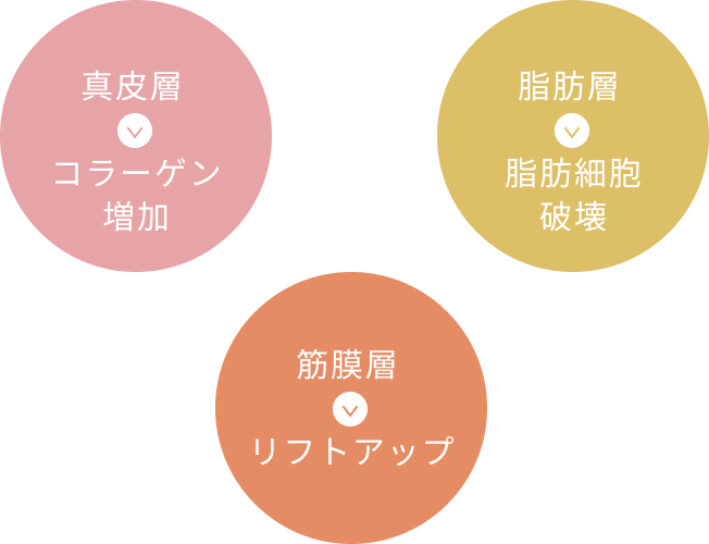 真皮層、脂肪層、筋膜層にそれぞれ狙いを定めて効果を得ることができます